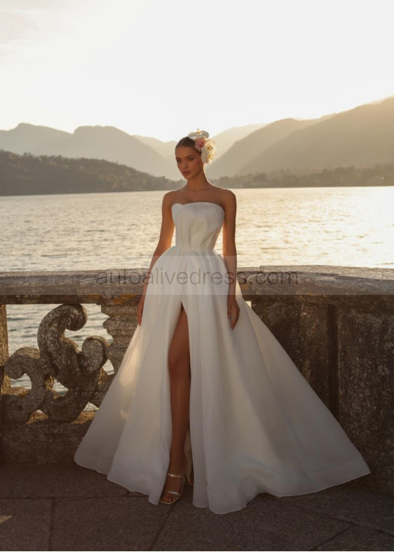 Strapless Ivory Organza Slit Unusual Wedding Dress